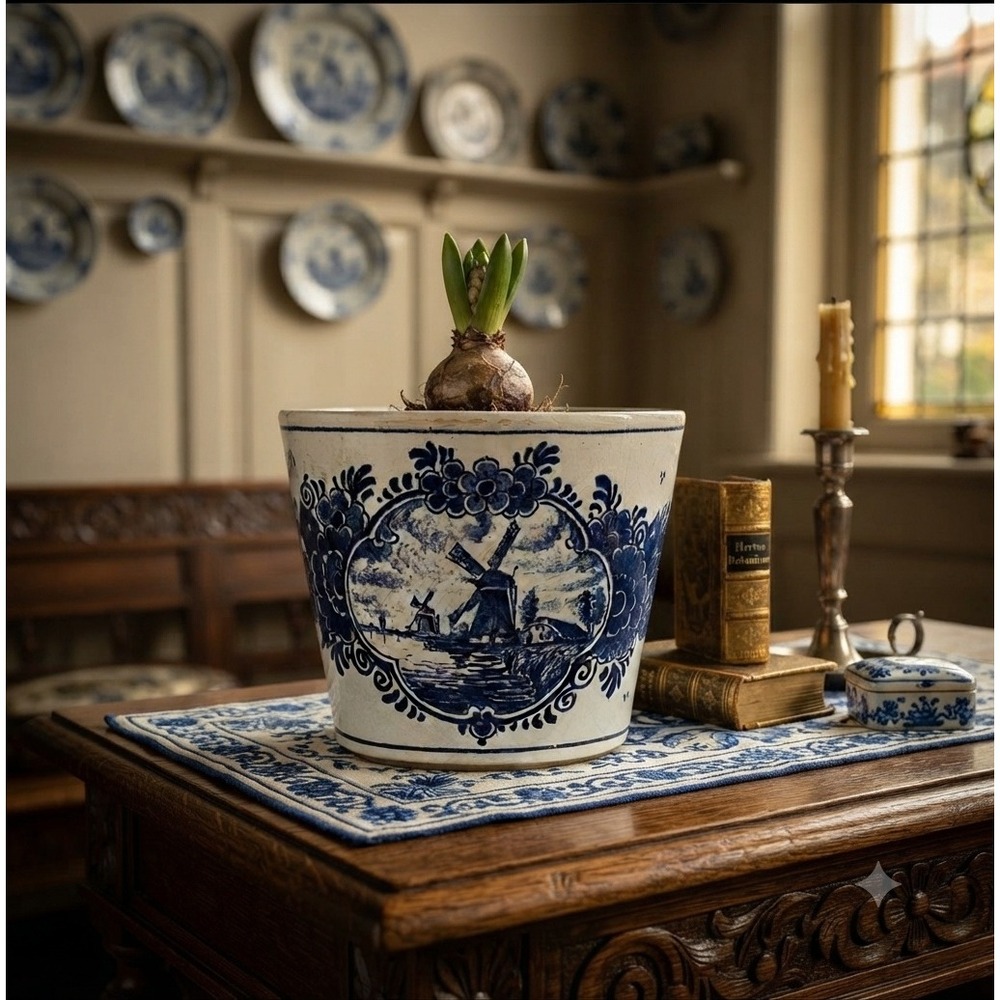 Delft Blauw Handpainted Windmill Ceramic Planter Made in Holland Blue White 5in